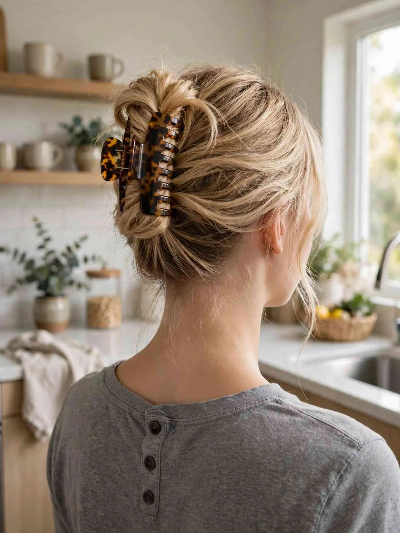 Quick twisted updo secured with a large claw clip