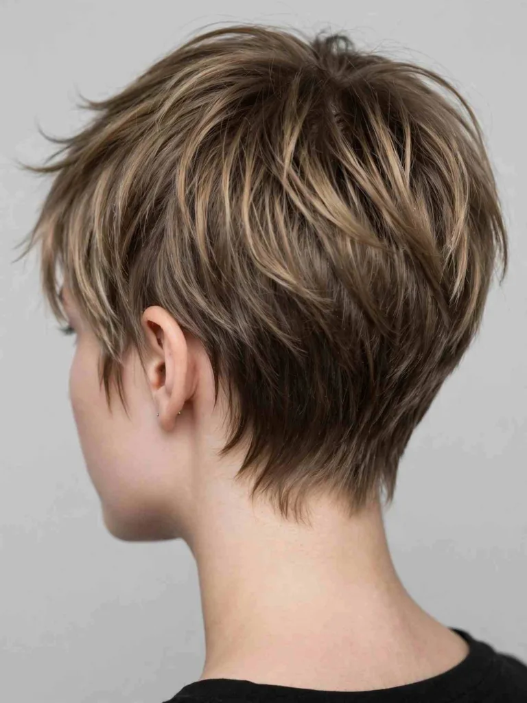 Wispy pixie cut from the side showing tapered sides and a clean nape
