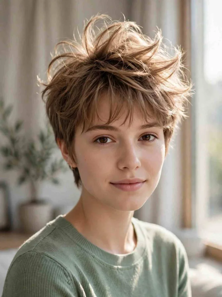 Fine hair in a wispy pixie cut with lifted crown volume