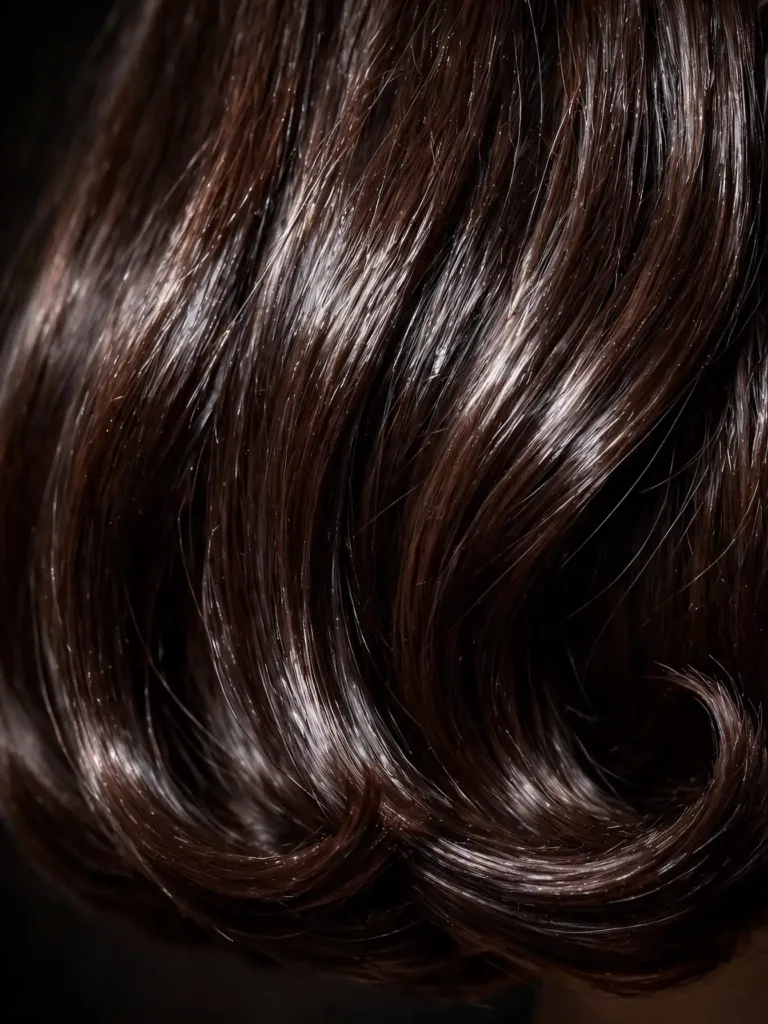 Extreme close-up of glossy dark brown bob hair with mirror-like shine