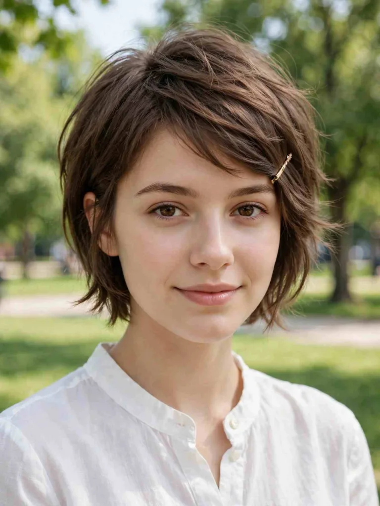 Growing-out wispy pixie cut at soft bob length with a hair clip