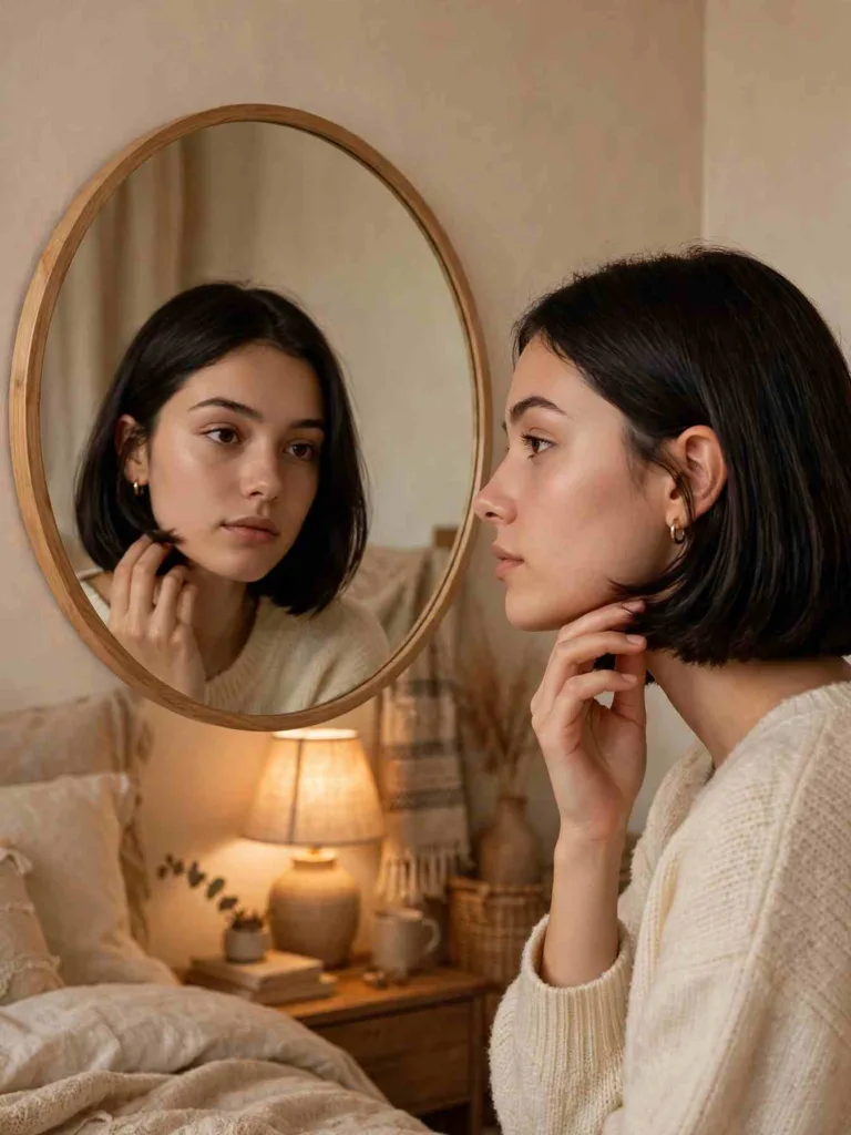 Woman checking a boyfriend bob in a mirror