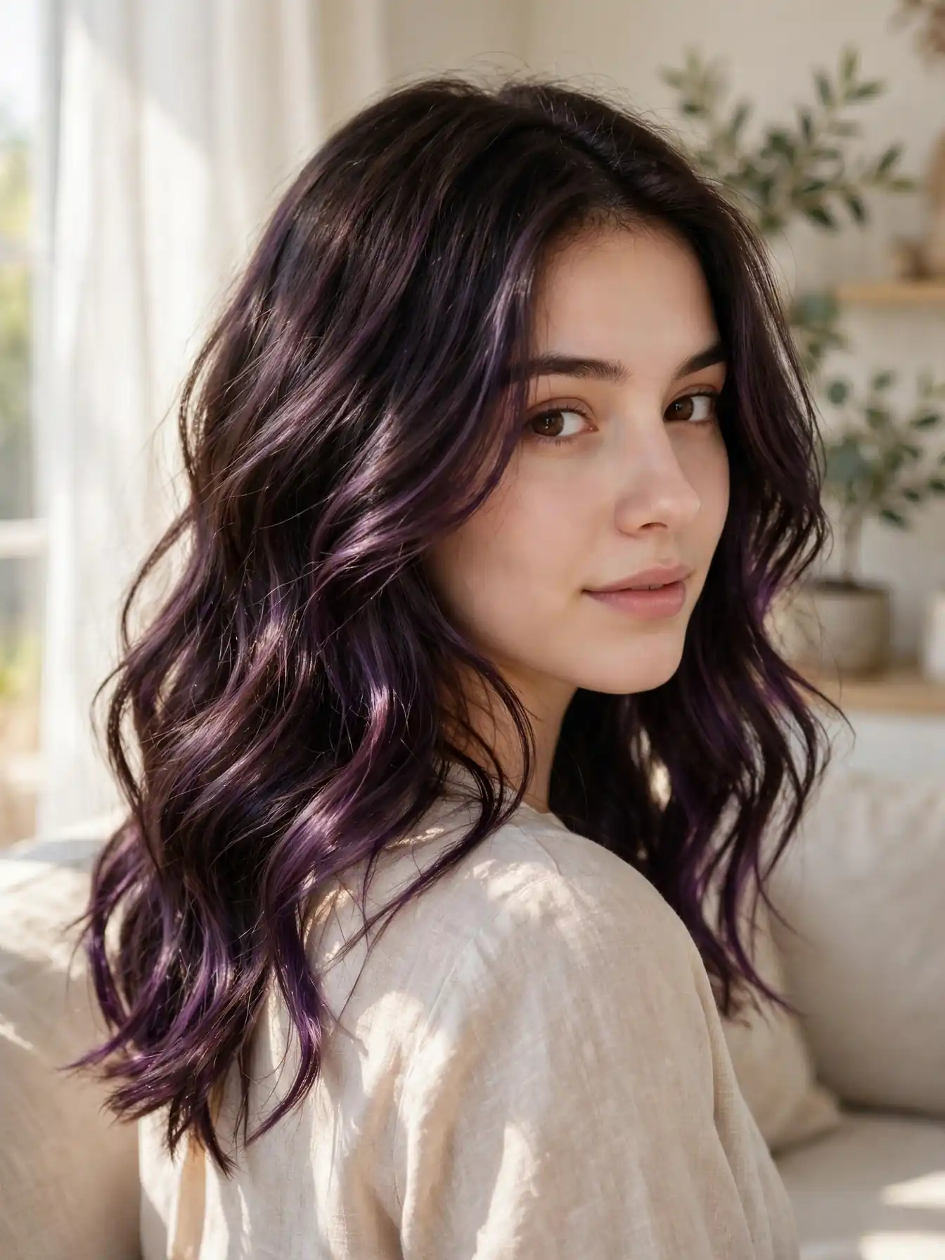 Plum brunette hair color inspiration with violet dimension on wavy dark hair