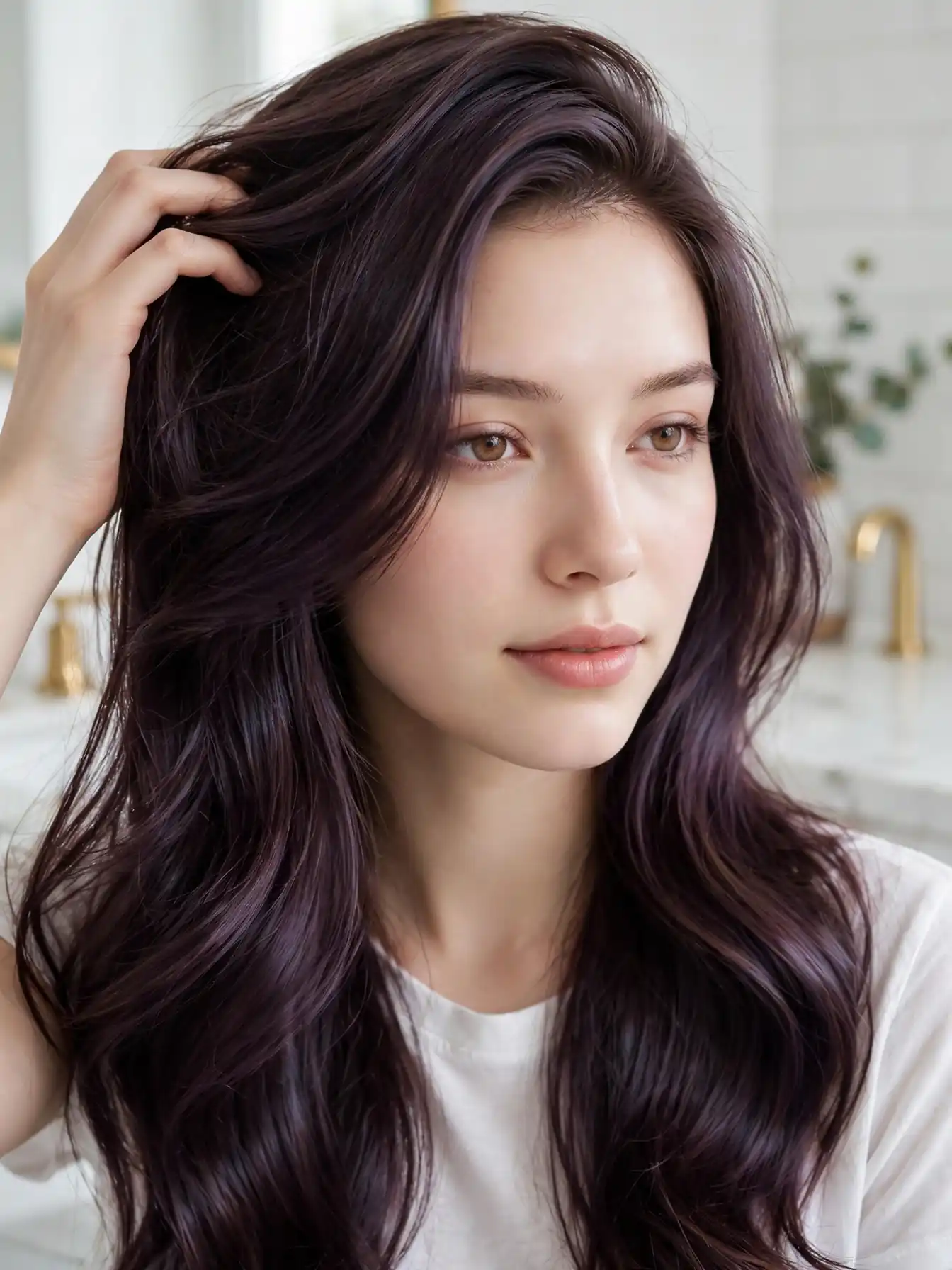 Maintaining plum brunette hair color with gloss and gentle care