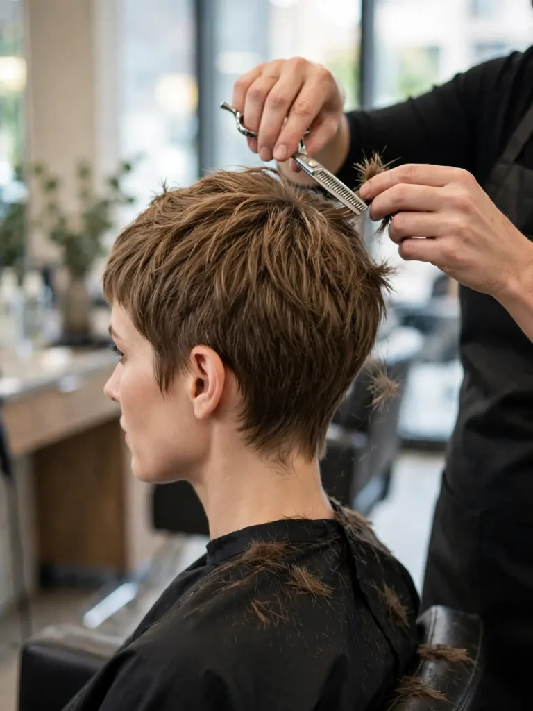 Hairstylist texturizing a pixie cut with shears in a salon