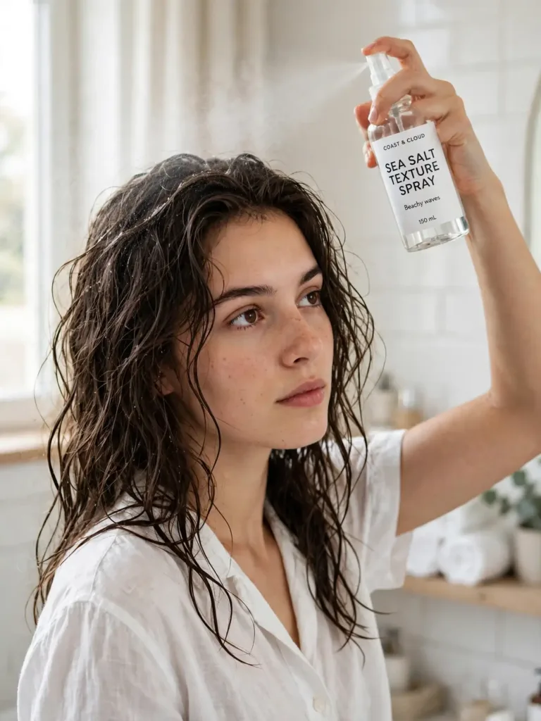 Woman spritzing sea salt texture spray onto damp hair for beachy waves hairstyle ideas