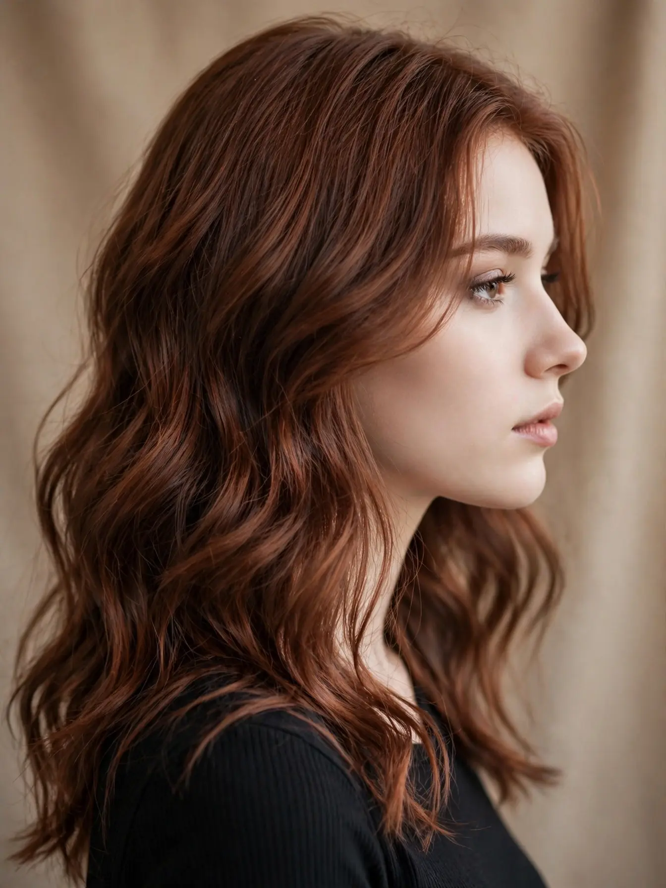 Mid-range detail of oxidized copper hair with smoky weathered dimension