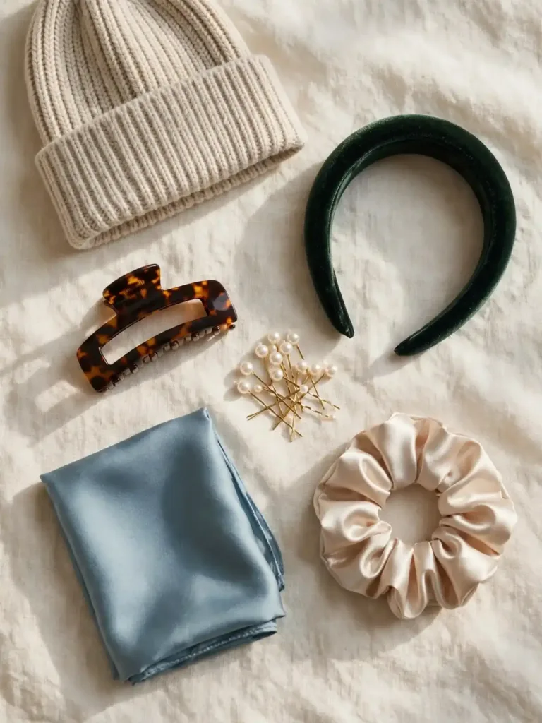flat lay of curly winter hairstyle accessories including beanie, headbands, claw clip, and silk scarf