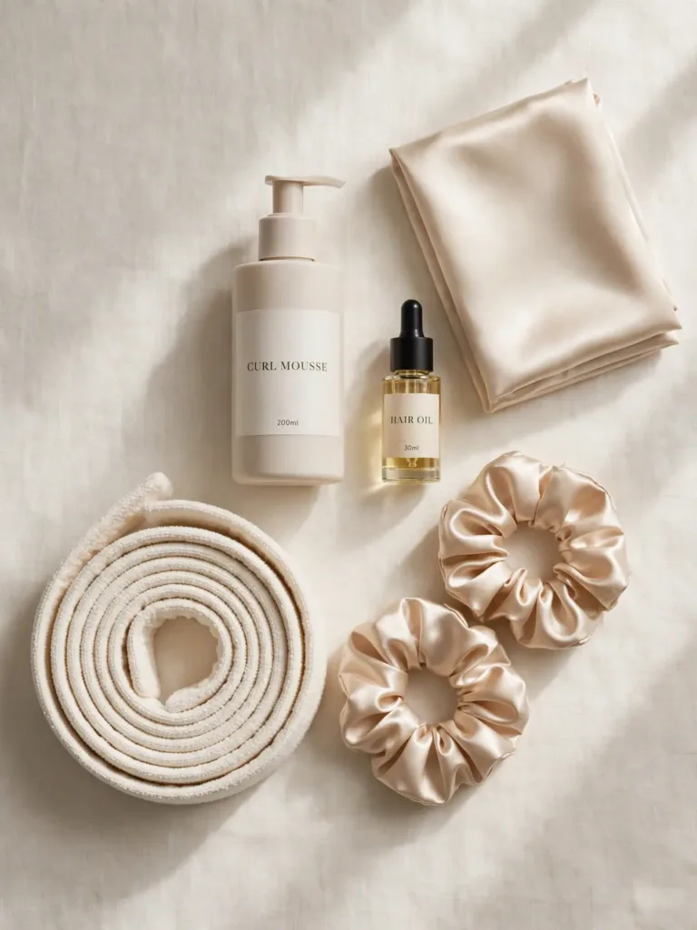 Flat lay of a bathrobe belt, satin scrunchies, mousse, and silk pillowcase