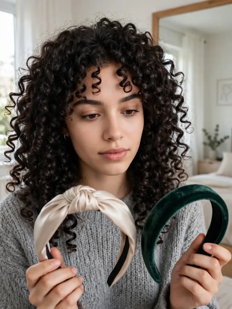 woman with 3C curls holding two winter headbands while choosing