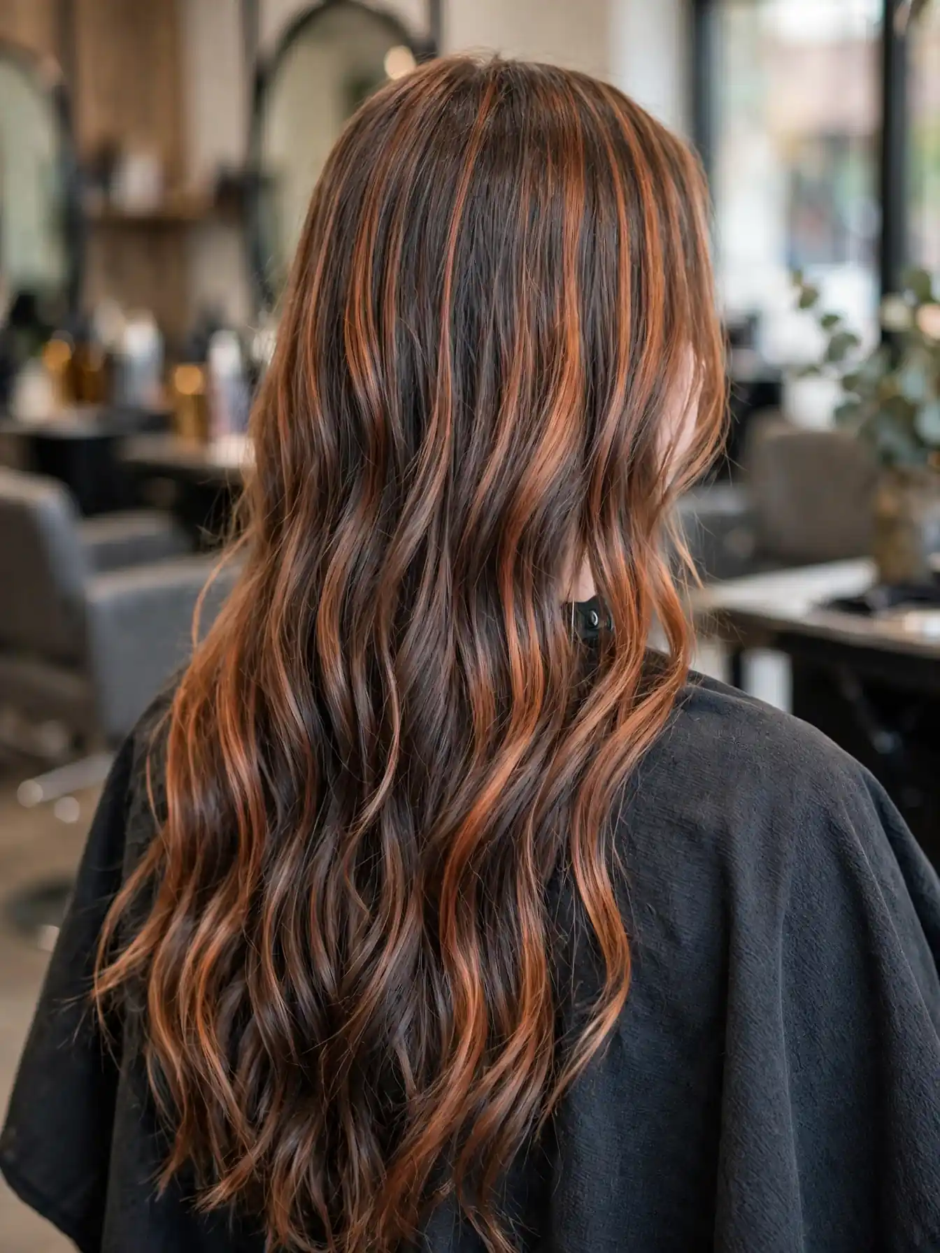 Back view of dimensional oxidized copper hair color with smoky lowlights