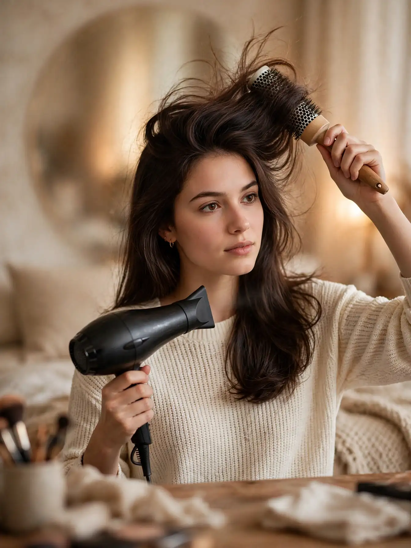 Blow-drying long brunette hair with a round brush at home