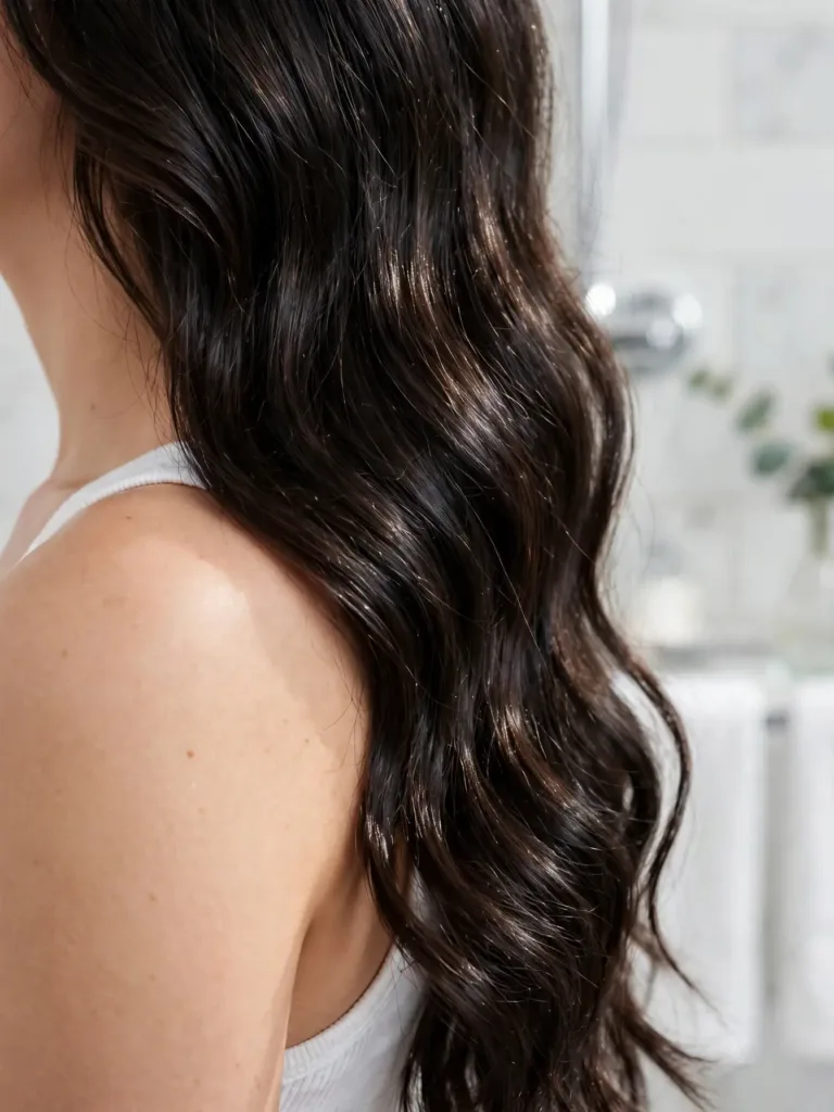 Close-up of healthy shiny ends on long wavy hair