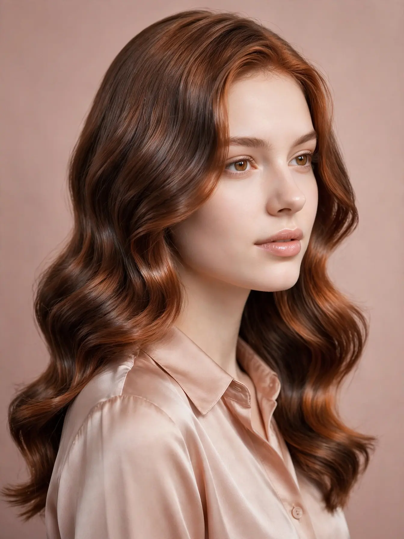 Freshly glossed oxidized copper hair in soft waves