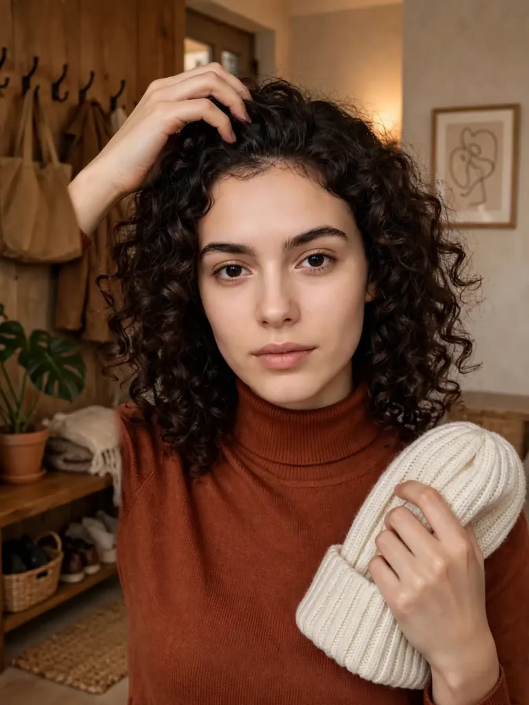 woman lifting curl roots with fingertips after removing a winter beanie