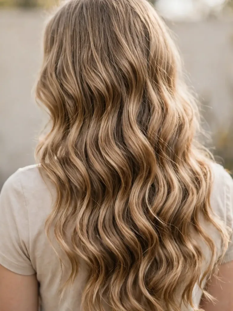 Back view of long soft crimped waves hairstyle