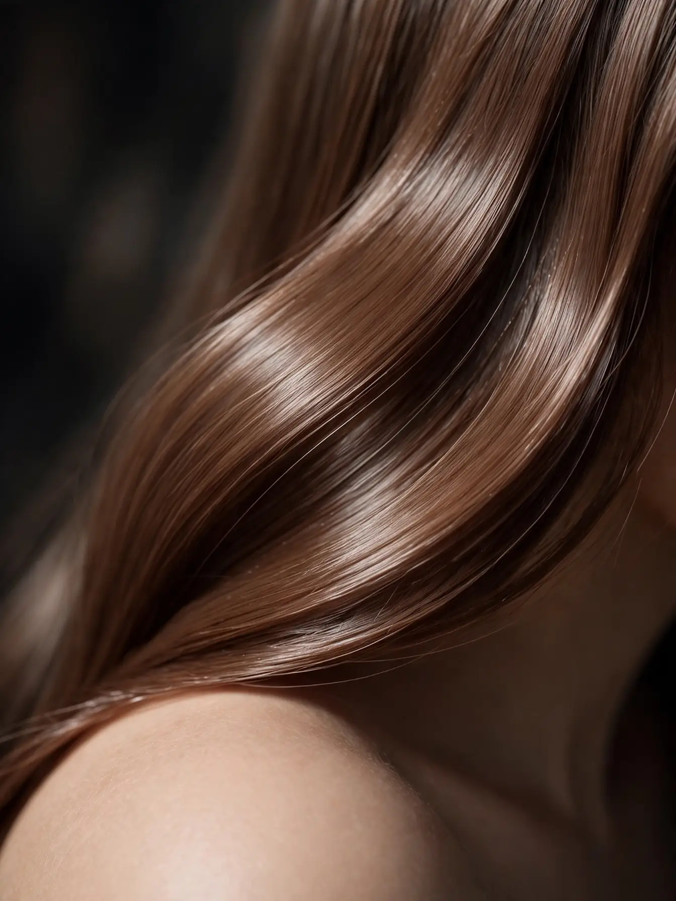 Glossy Milk Chocolate Hair Ends Close-Up Close-up of glossy milk chocolate brown hair ends catching light