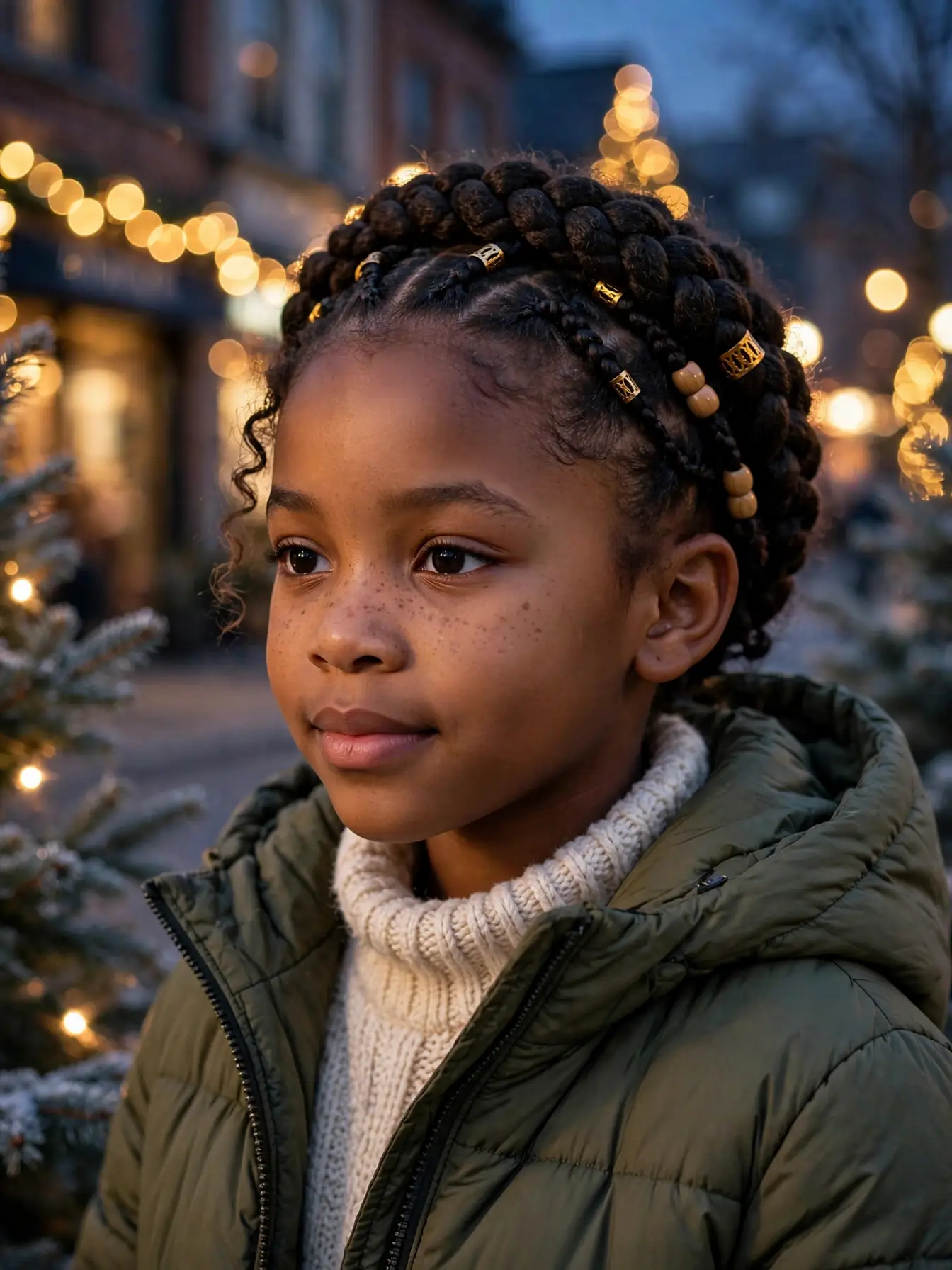 22 Winter Natural Hairstyles For Kids They'll Love 26 girl in a winter coat with a festive braided crown hairstyle