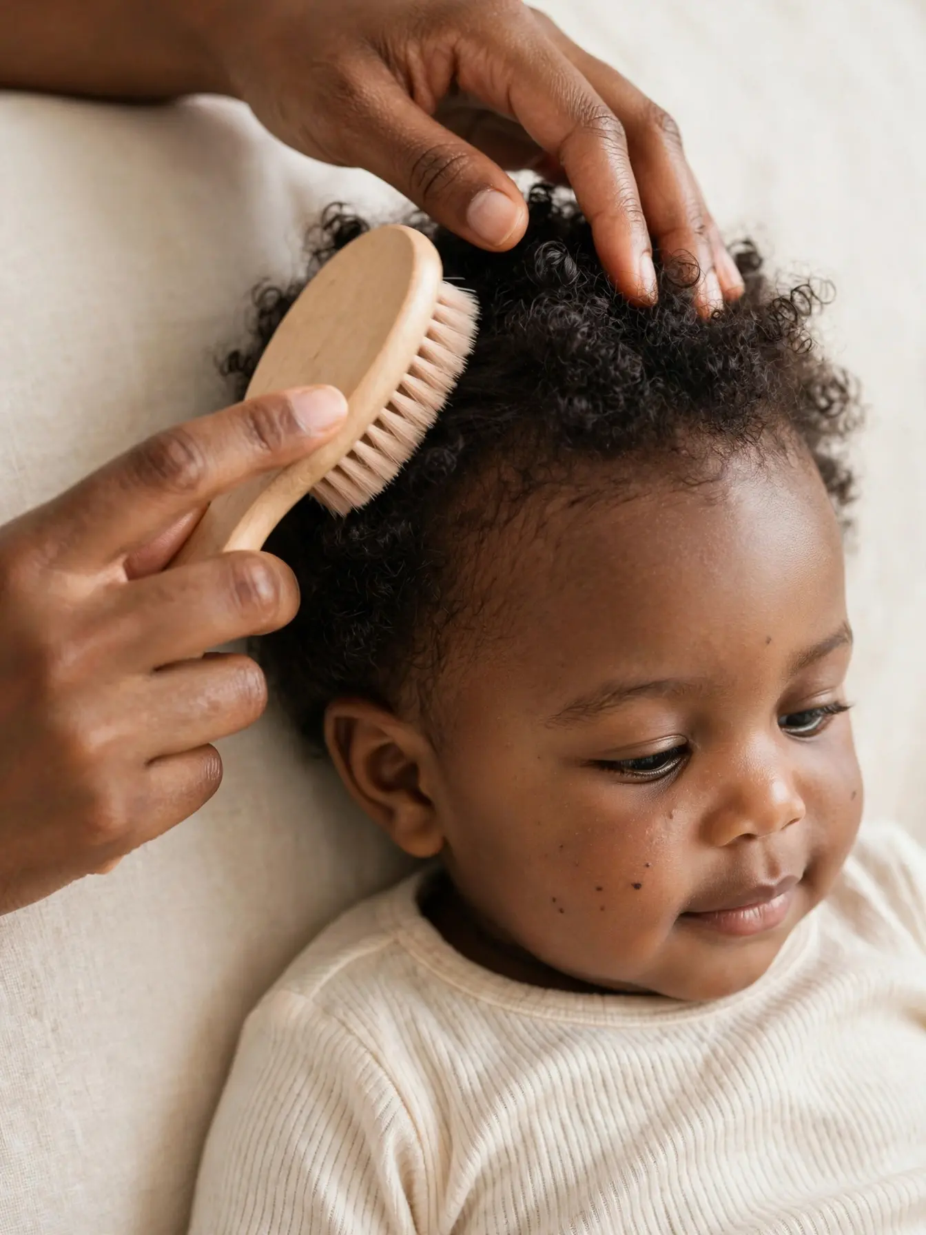 mom gently brushing her black baby girl's curls with a soft baby brush