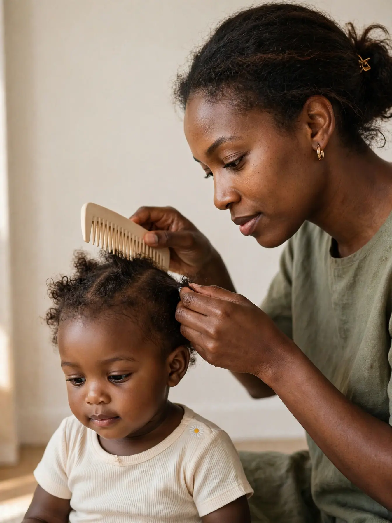 mom gently styling her black baby girl's hair with soft hands