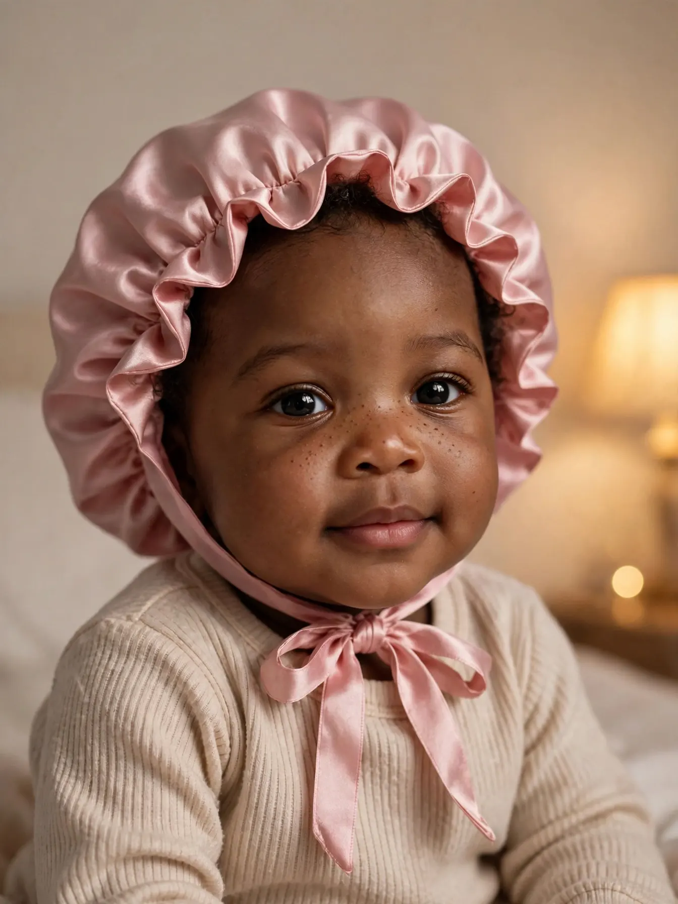 baby girl wearing a satin bonnet for nighttime hair protection