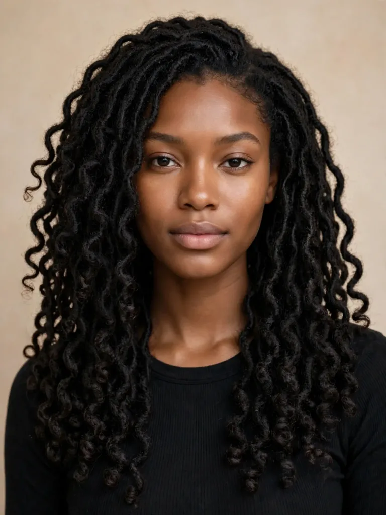 Woman with classic 1B black butterfly locs at mid-back length, locs falling over her shoulders