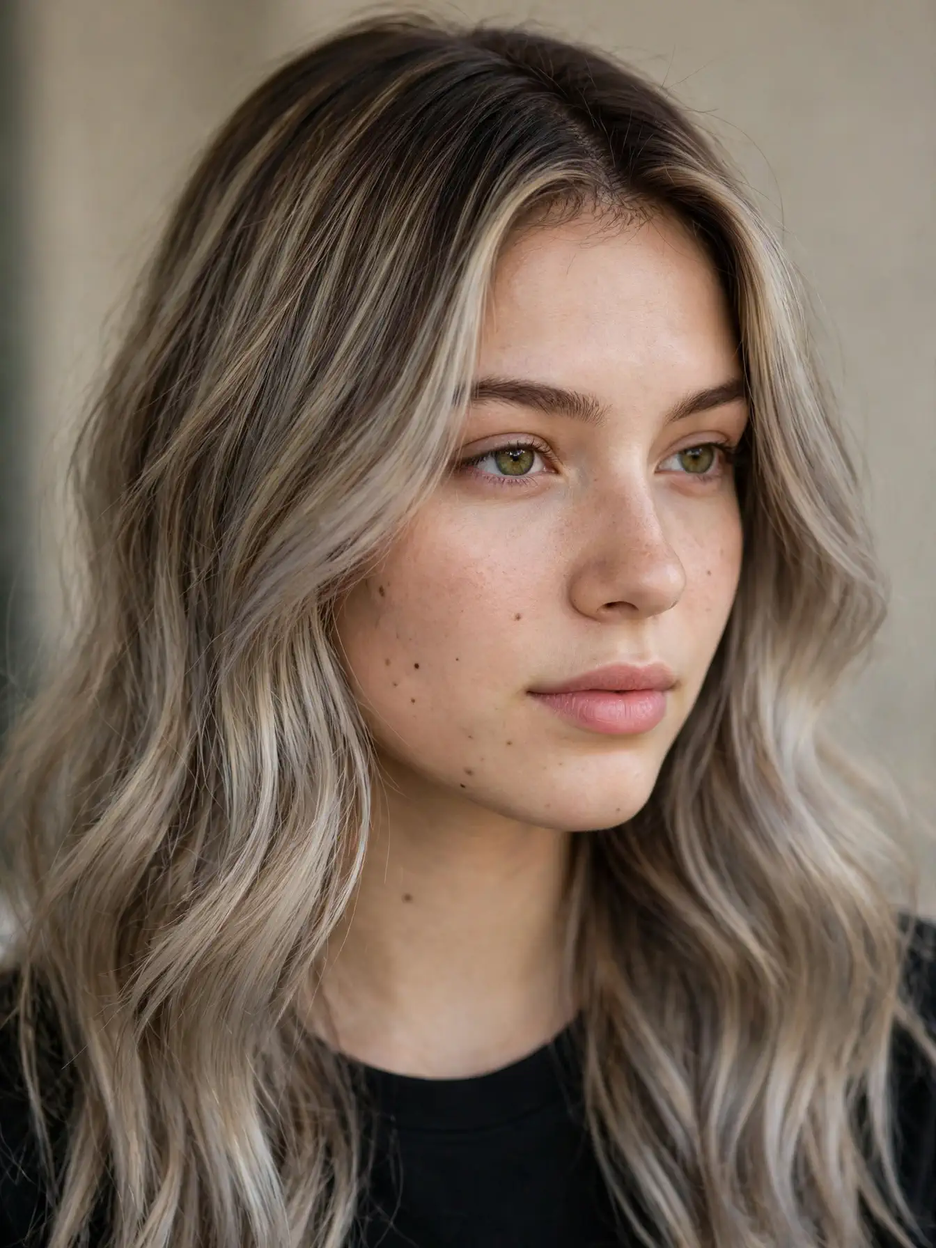 Classic ashy bronde melt on long hair with softly blended roots