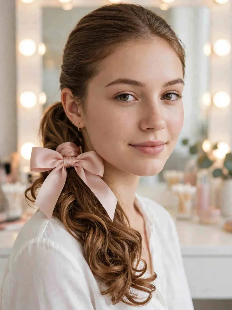 Classic coquette ponytail tied with a blush satin bow