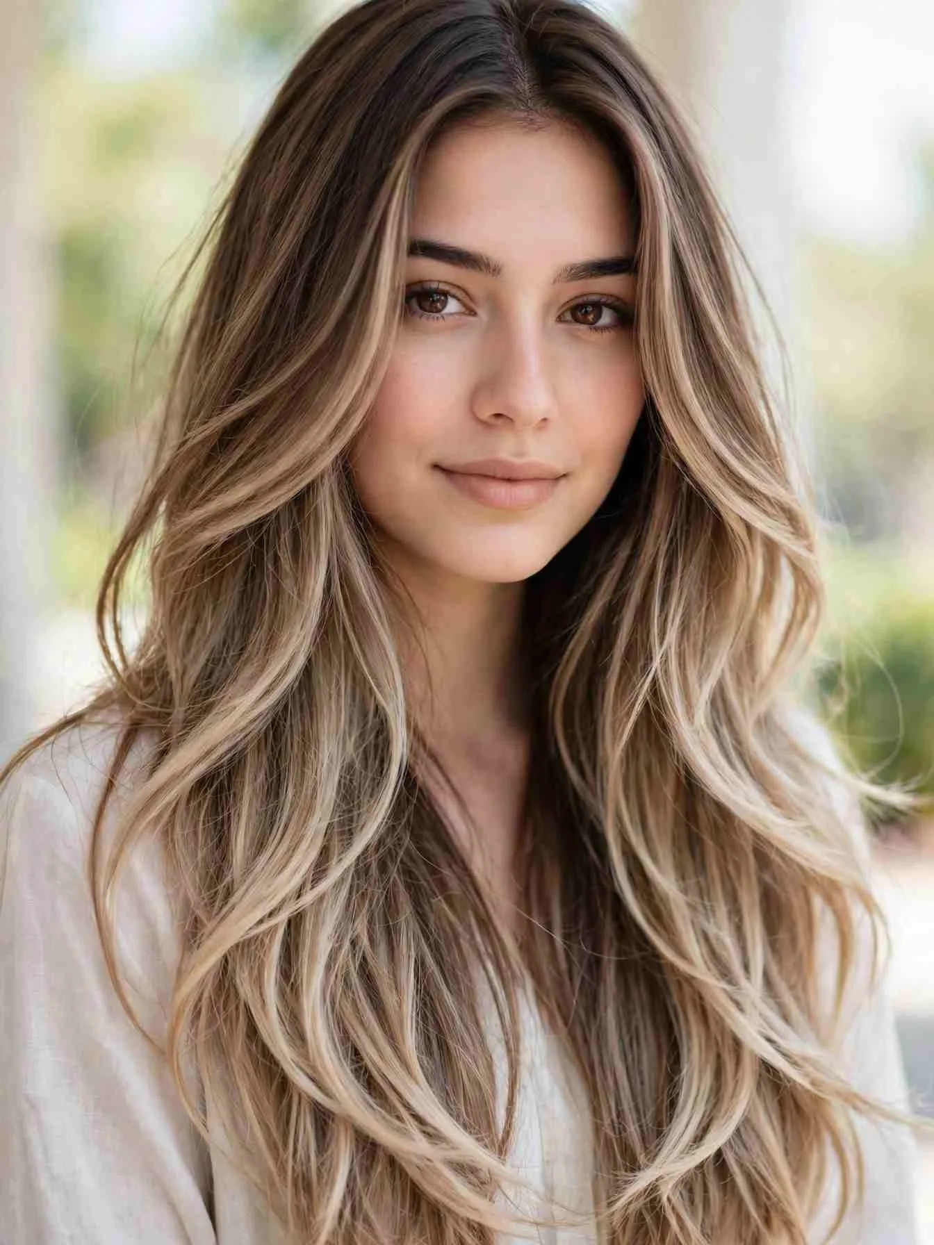 Classic mocha latte balayage on long layered hair