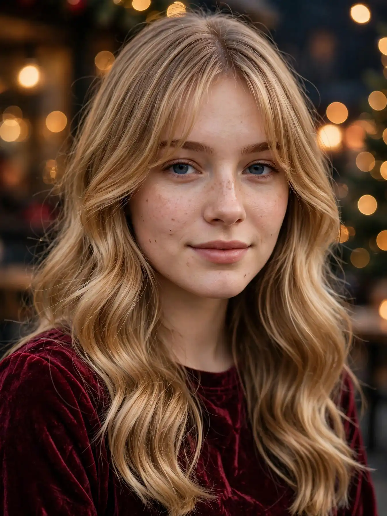 Classic soft waves with curtain bangs on long honey-blonde hair