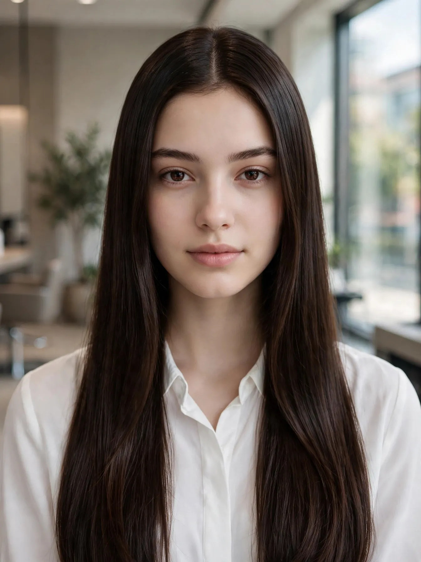 Dark chocolate gloss hair color on sleek straight brunette hair