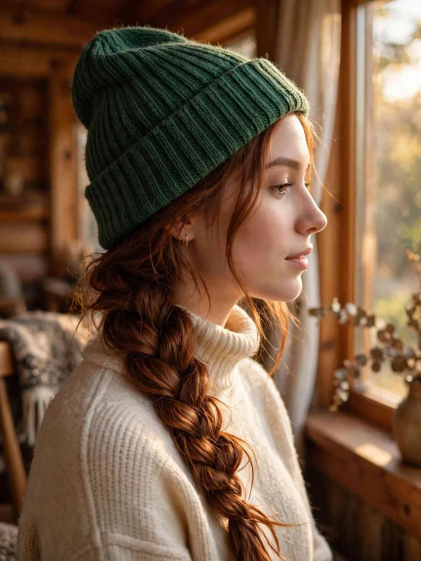 Loose side braid swept over one shoulder under a knit beanie