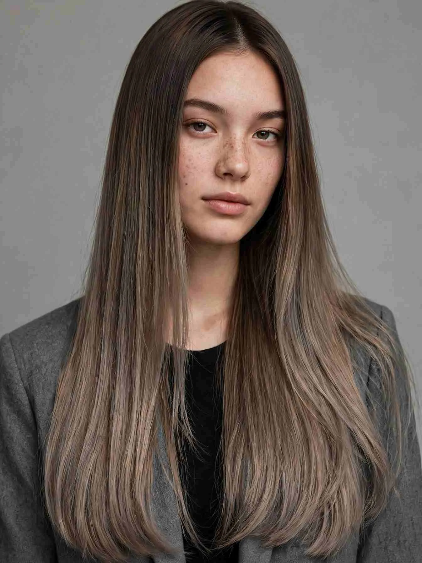 Mushroom brown root melt with soft taupe dimension on long hair