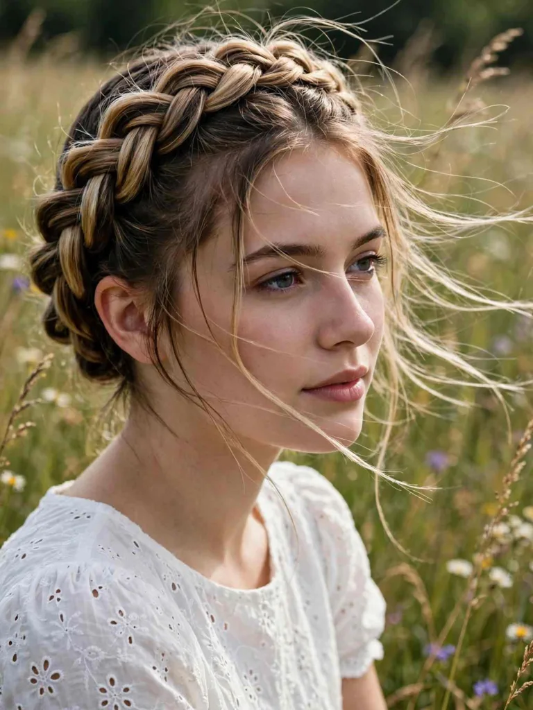 Pancaked milkmaid braids wrapped over the crown
