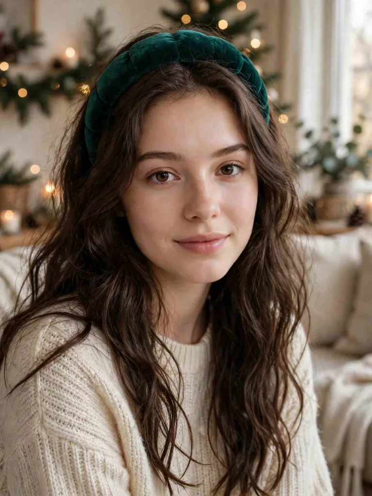 Woman wearing a plush emerald velvet headband with loose waves