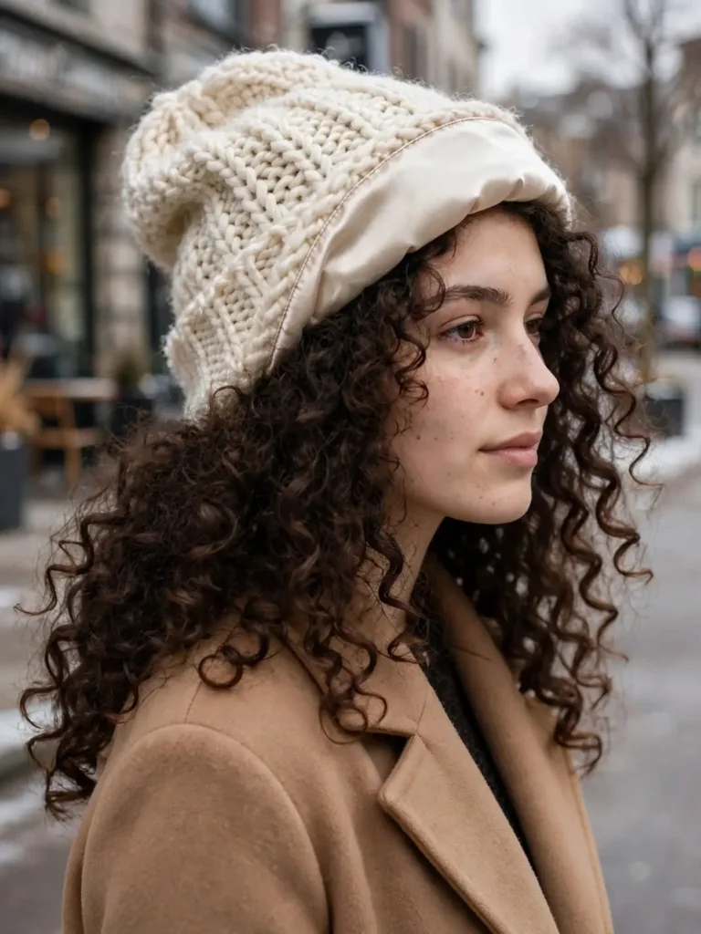 woman with defined curls wearing a satin-lined winter beanie