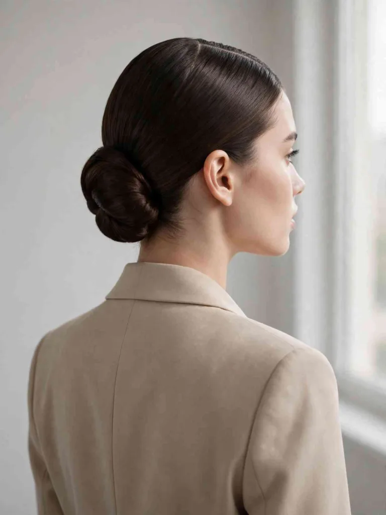 Back three-quarter view of a woman with dark brown hair smoothed into a sleek low chignon at the nape