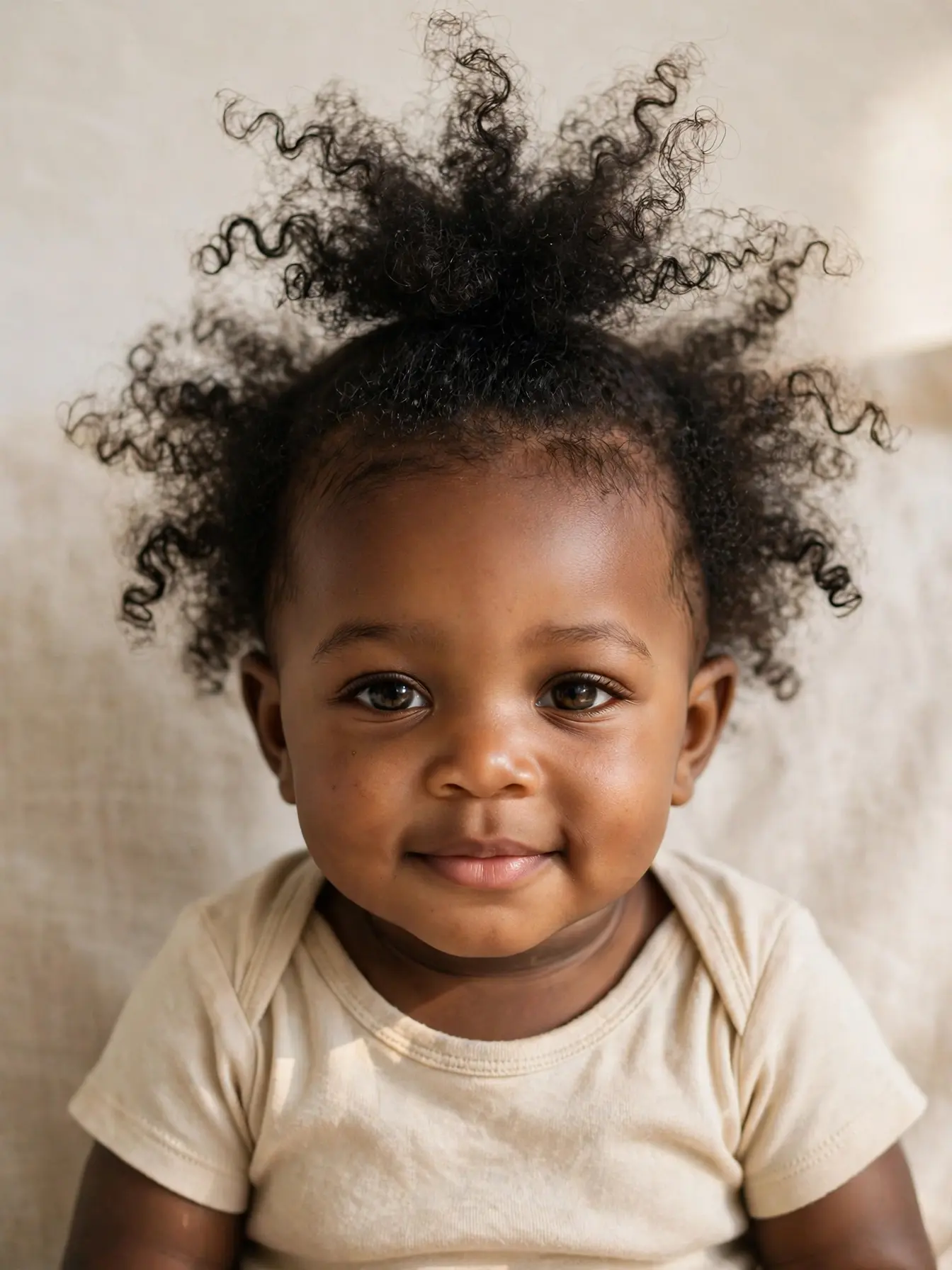 baby with a soft top fountain puff hairstyle