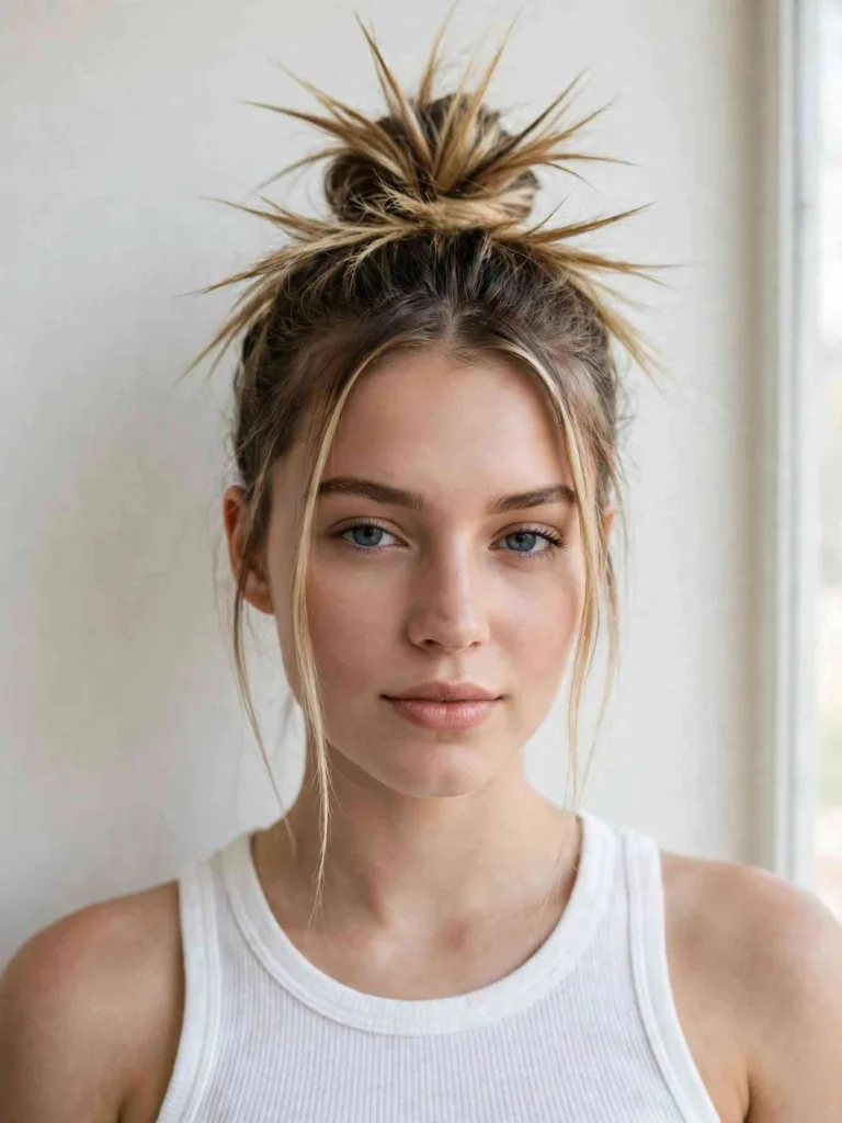 Woman with a high spiky top knot and loose pointed ends