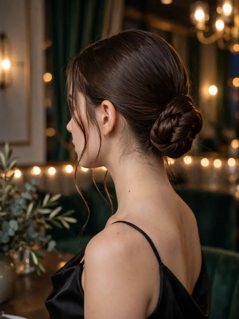 Back three-quarter view of a sleek low chignon hairstyle with face-framing tendrils