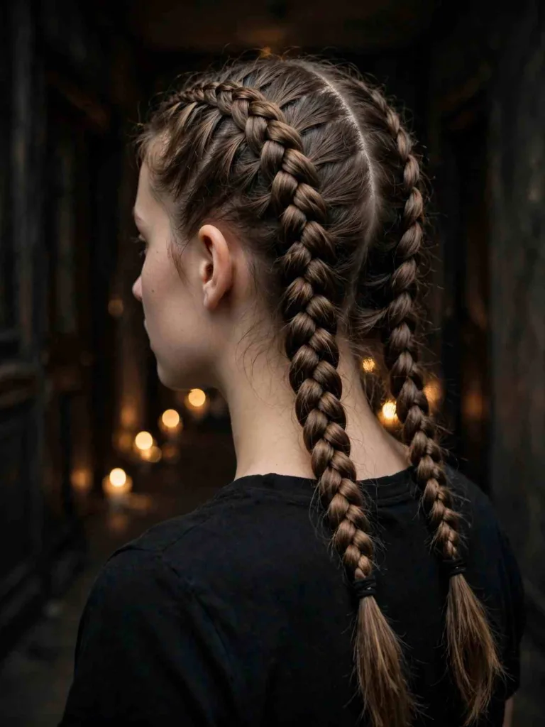Wednesday Addams twin braids with a severe center part, back view