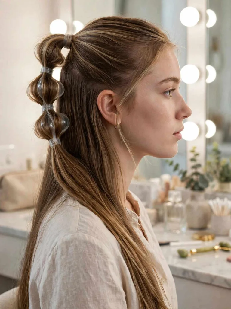 Bubble braid half-up ponytail with puffed segments and wrapped elastics