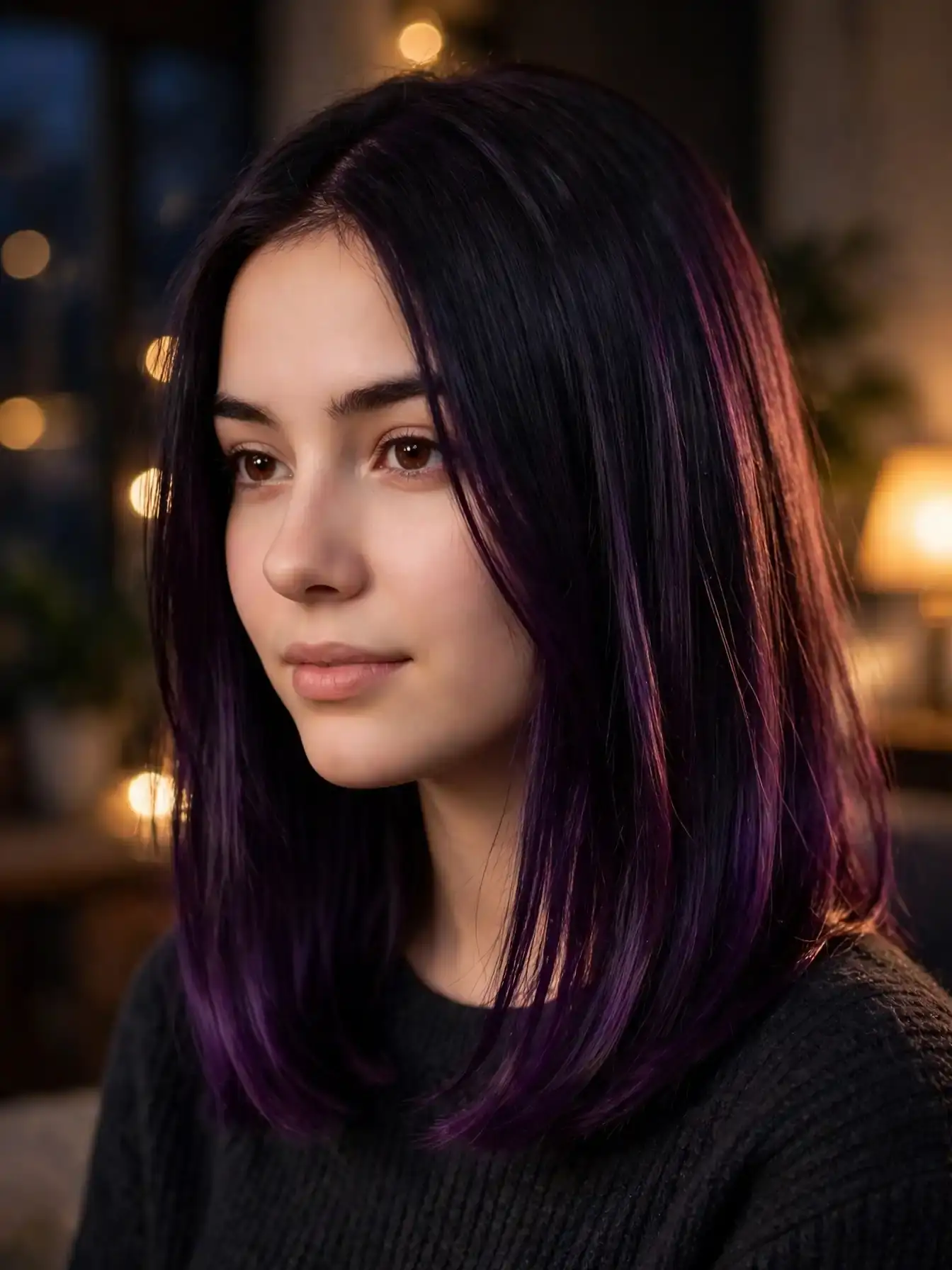 Black cherry plum brunette hair with deep violet glow on near-black hair
