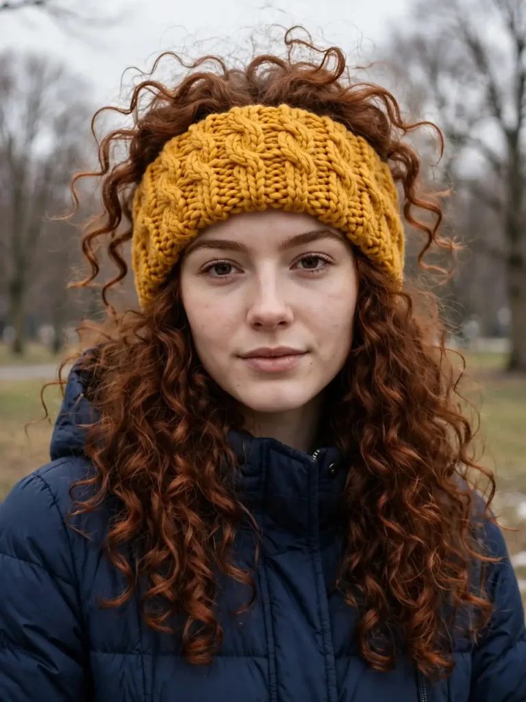 curly hair with a chunky knit ear warmer headband in winter