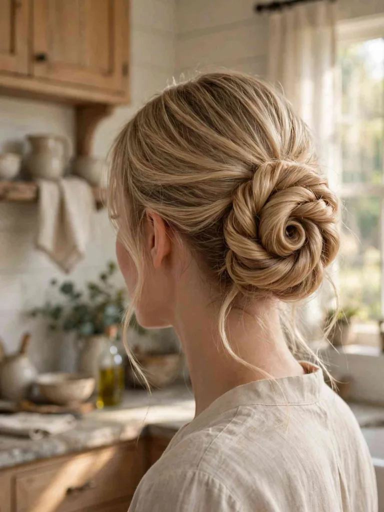 Blonde low bun twisted into a cinnamon-roll swirl, back three-quarter view