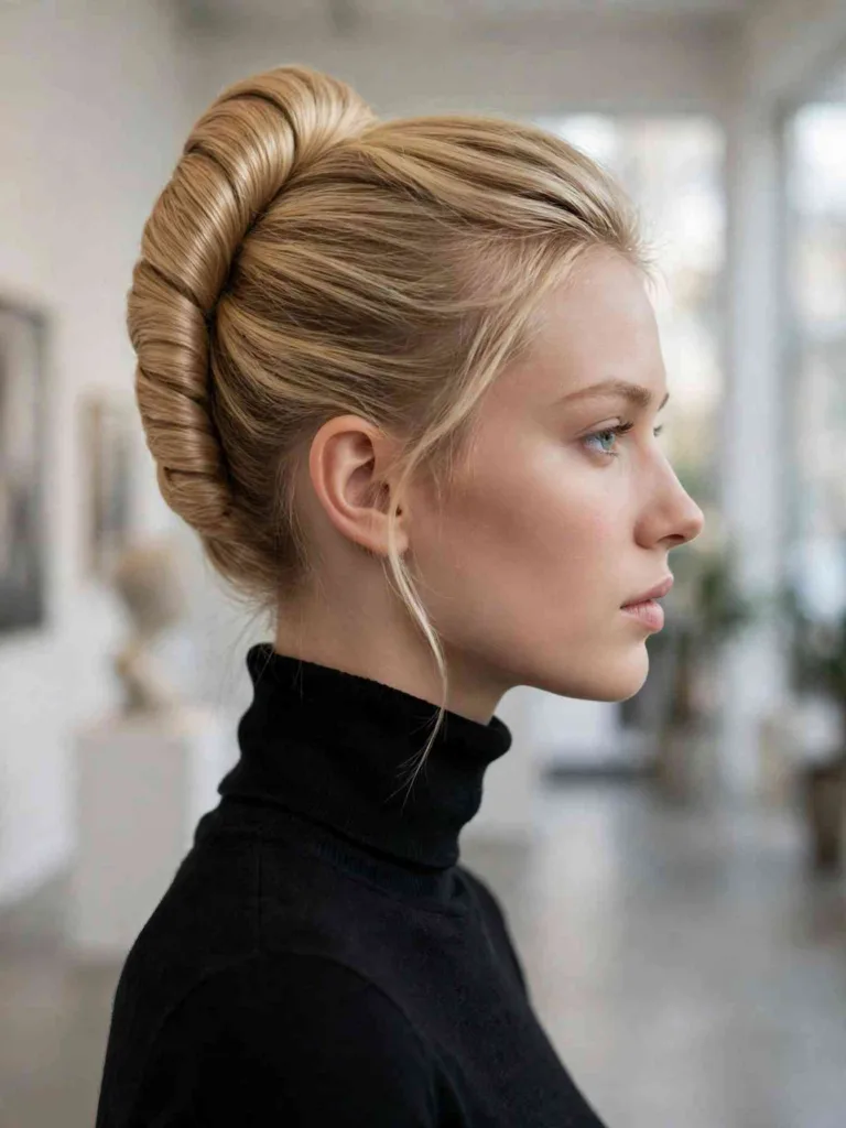 Side view of a woman with blonde hair swept into a polished vertical French twist