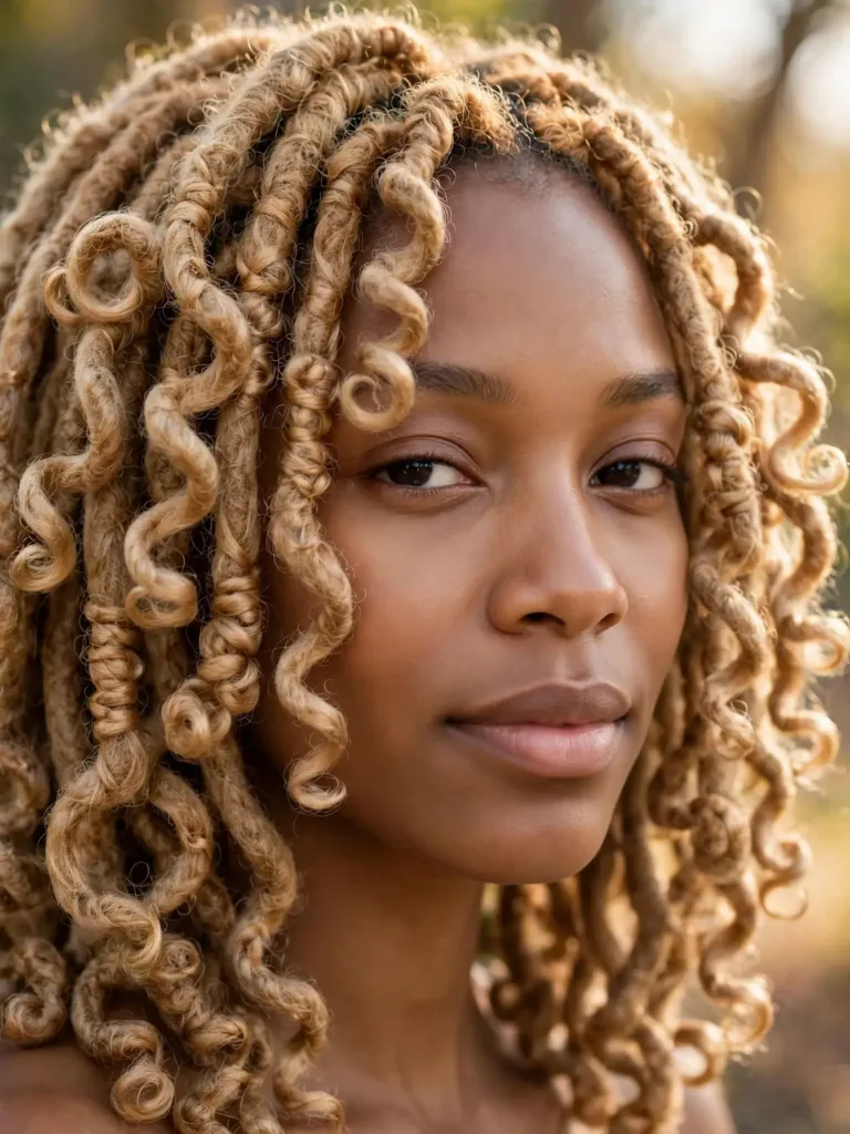 Close-up of honey-blonde colour 27 butterfly locs showing the loopy curled texture