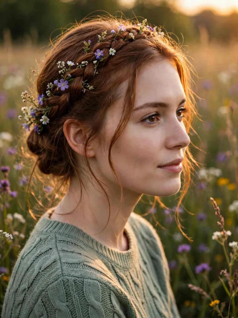 Loose Dutch crown braid with wildflowers around the hairline