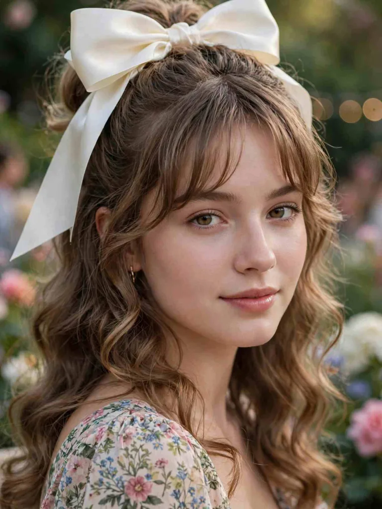 Half-up coquette curls with an oversized satin bow