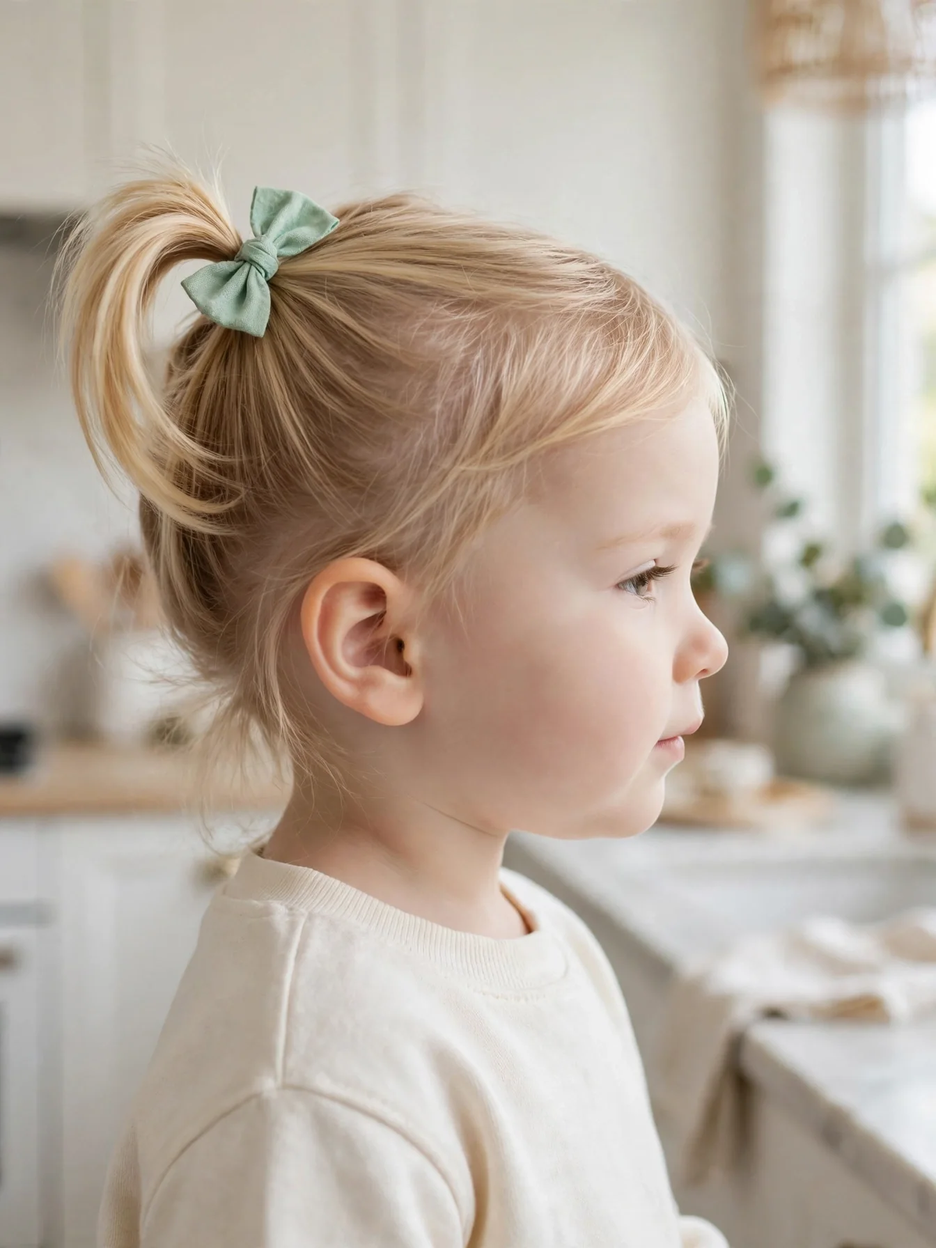 22 Cute Toddler Girl Hairstyles That Are Easy at Home 4 Toddler girl wearing a high side ponytail with a soft fabric bow